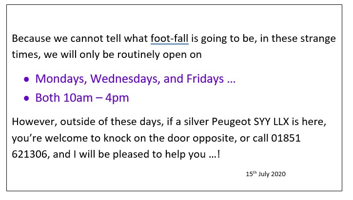 shows opening hours July 2020